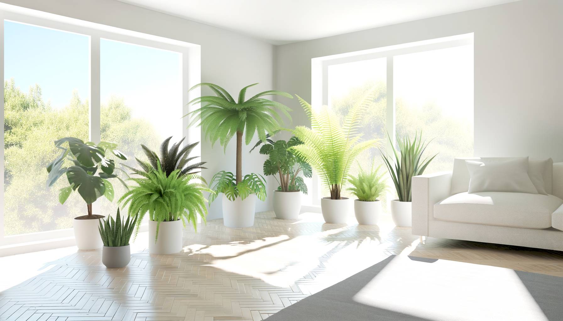 Imagen de un salón moderno con varias plantas de interior como helechos y palmeras, en macetas de c...