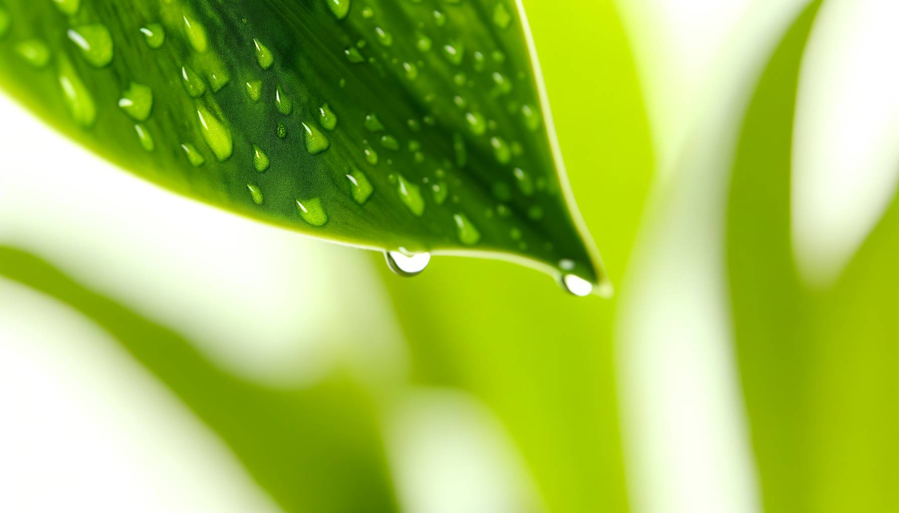 Fotografía de cerca de hojas de plantas de interior con gotas de agua, mostrando su textura y vital...