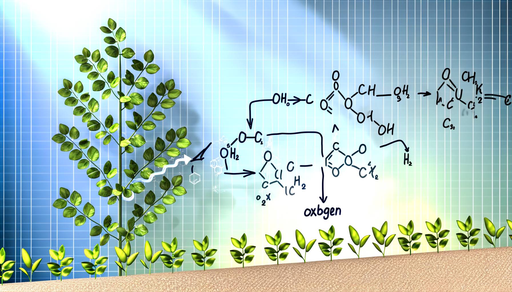 Ilustración detallada del proceso de fotosíntesis, mostrando las plantas absorbiendo dióxido de c...
