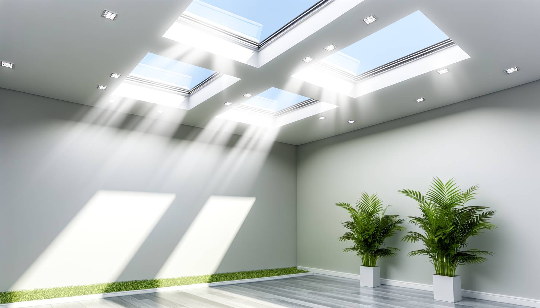 Un techo con tragaluces instalados, inundando un espacio pequeño con luz solar. El ambiente es mode...