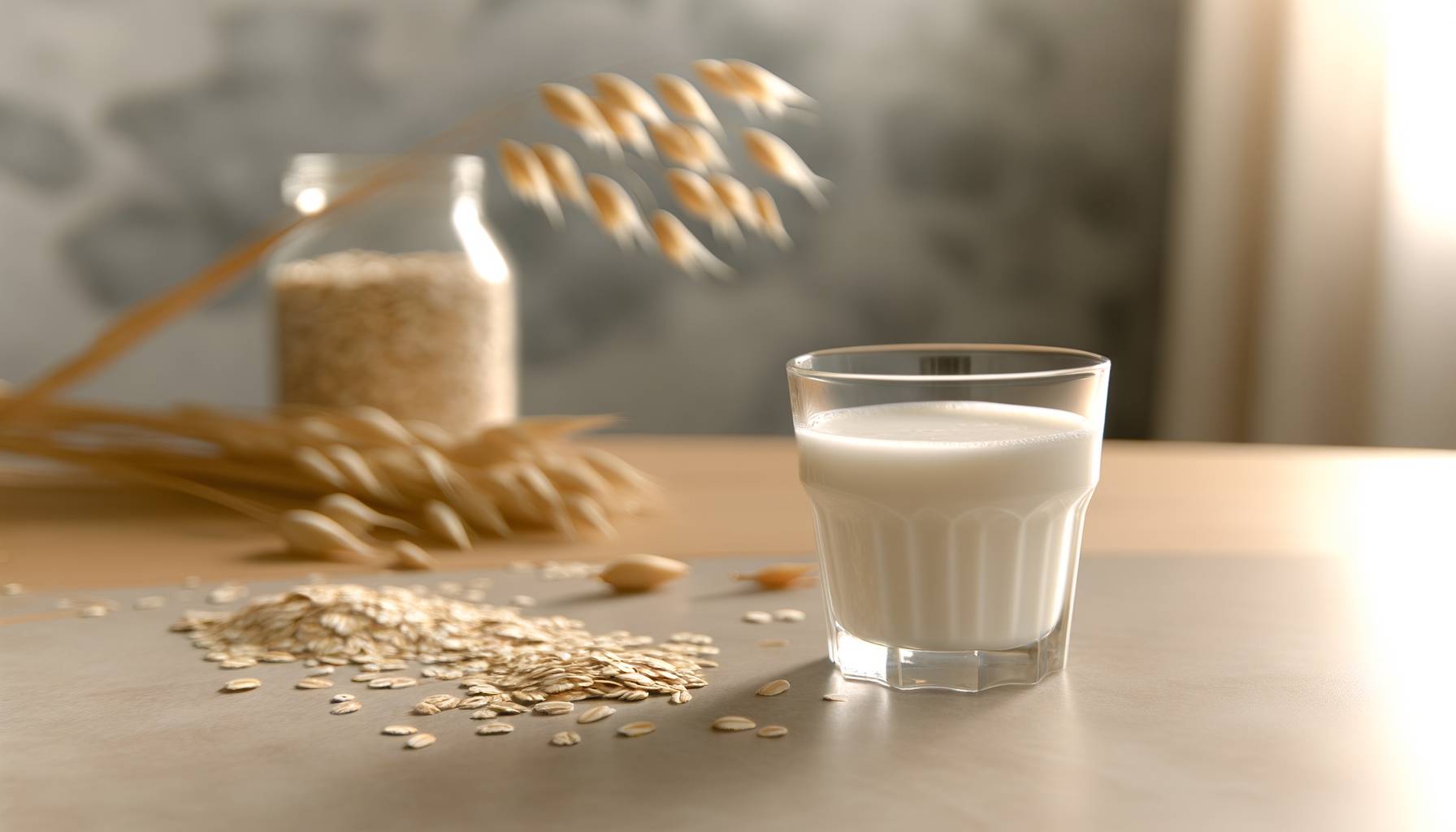 Un vaso de leche de avena en una mesa de cocina moderna, rodeado de avena en grano y una rama de ave...