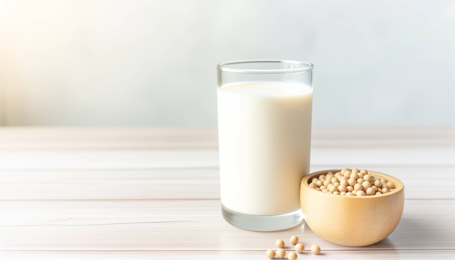 Un vaso de leche de soja junto a un pequeño cuenco de granos de soja, sobre una mesa de madera clar...