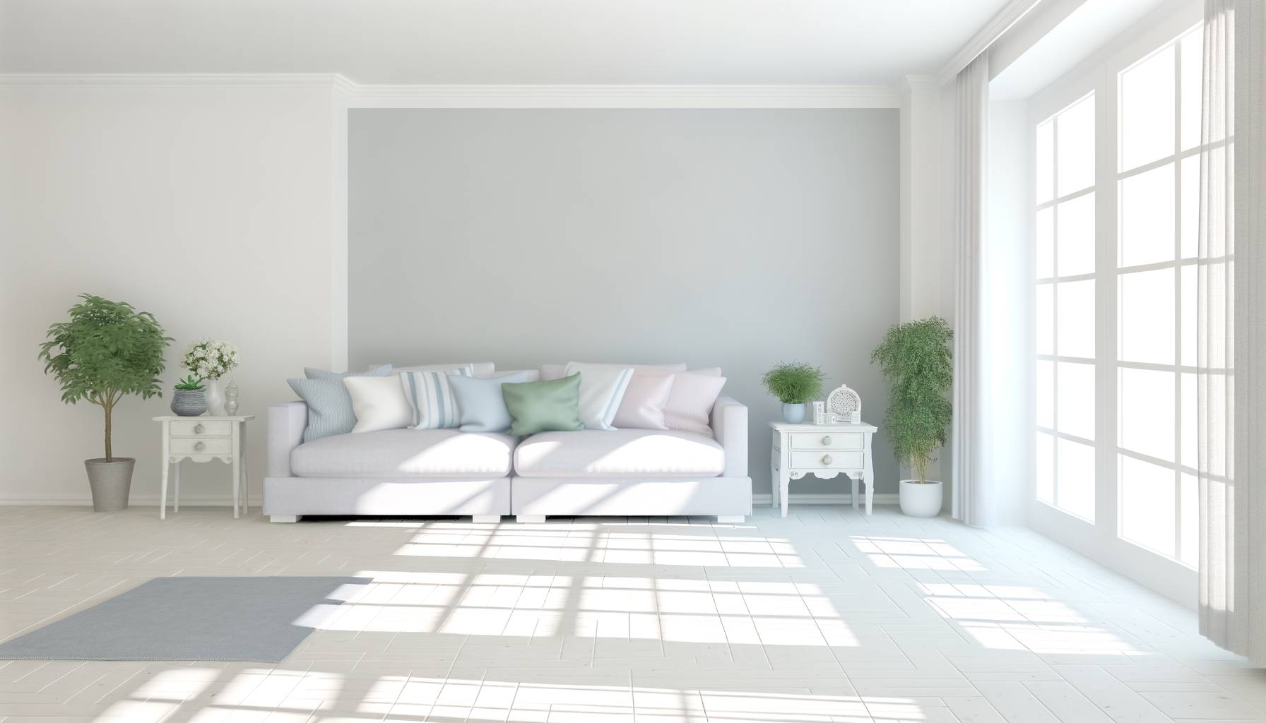 Un elegante salón de estar con paredes grises claras, muebles blancos y acentos en azul pastel. La ...