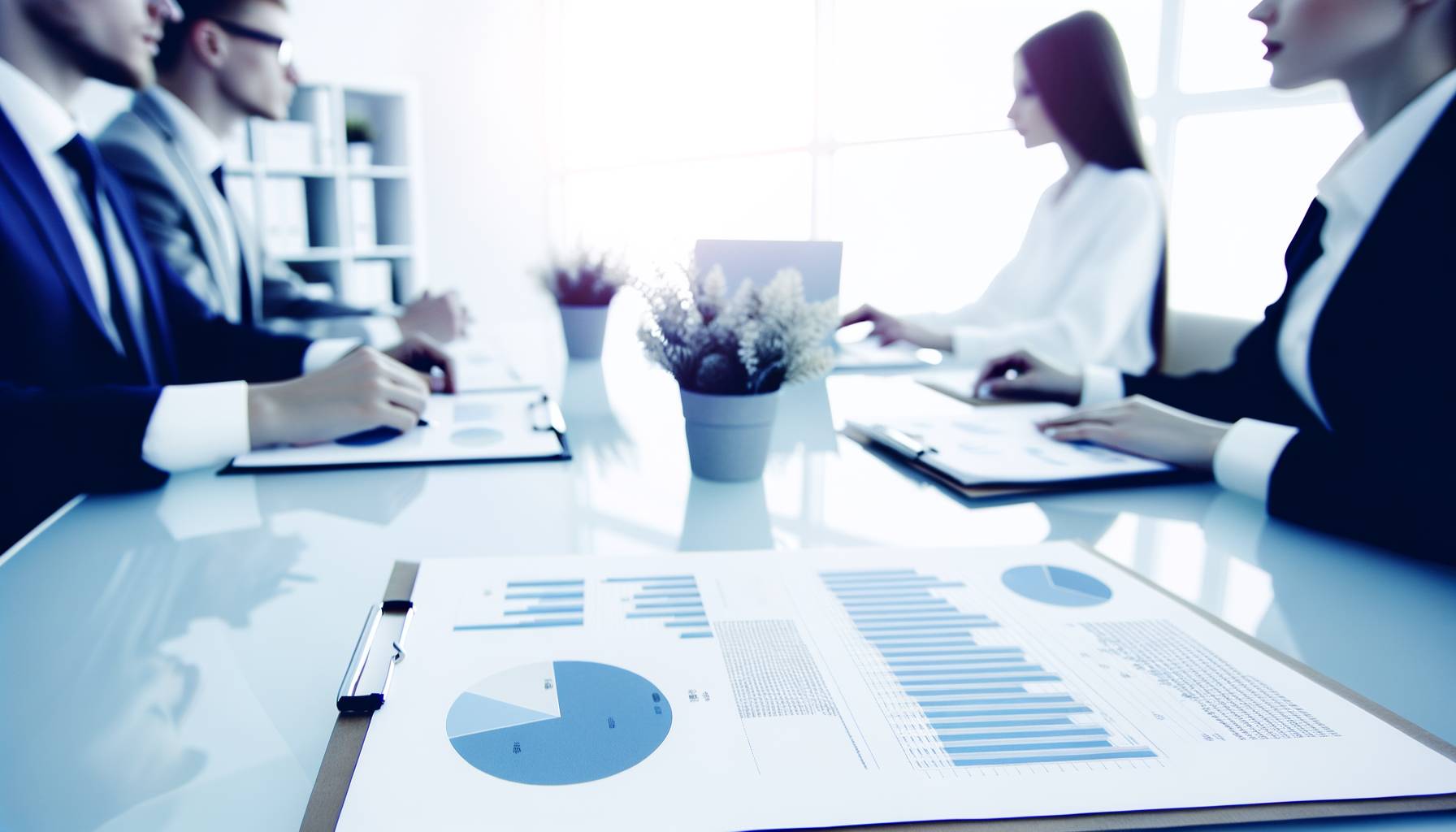 Una mesa de reuniones moderna con un grupo de personas discutiendo documentos financieros y gráfico...