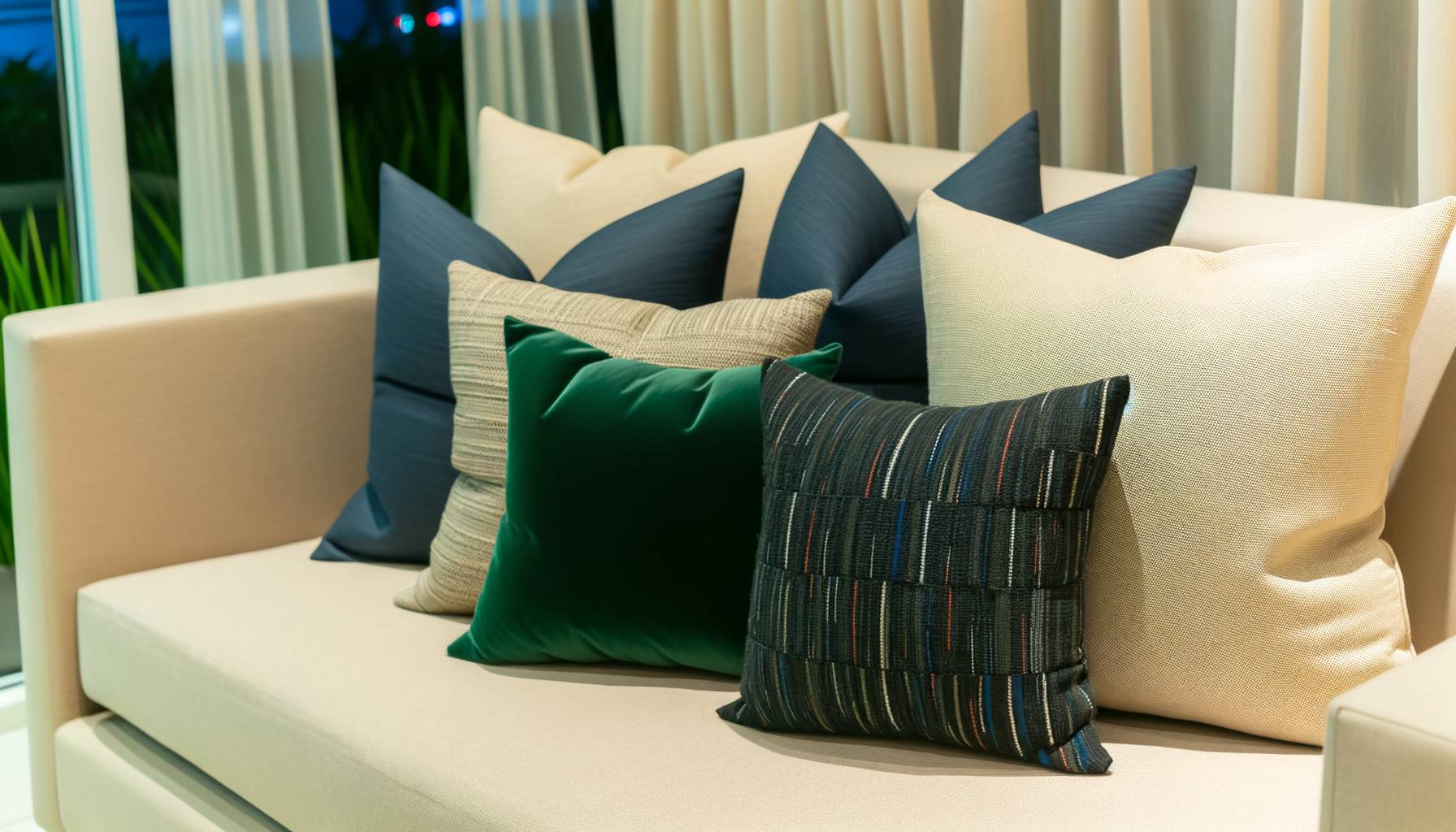 Un primer plano de cojines en un sofá beige, presentando una mezcla de texturas como algodón, lino...