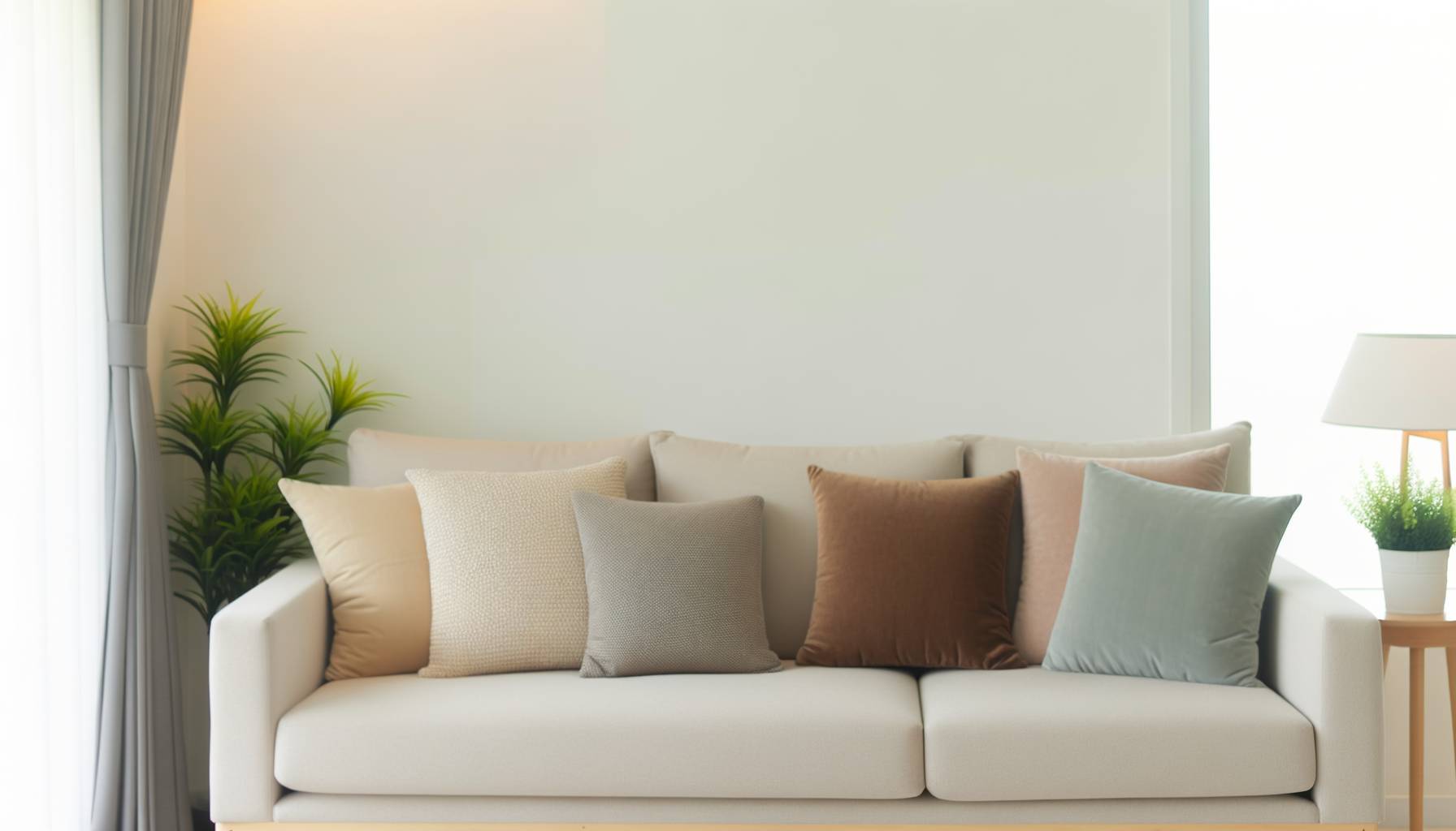 Un sofá beige con cojines en tonos neutros como crema, gris y marrón claro, colocados de manera ar...