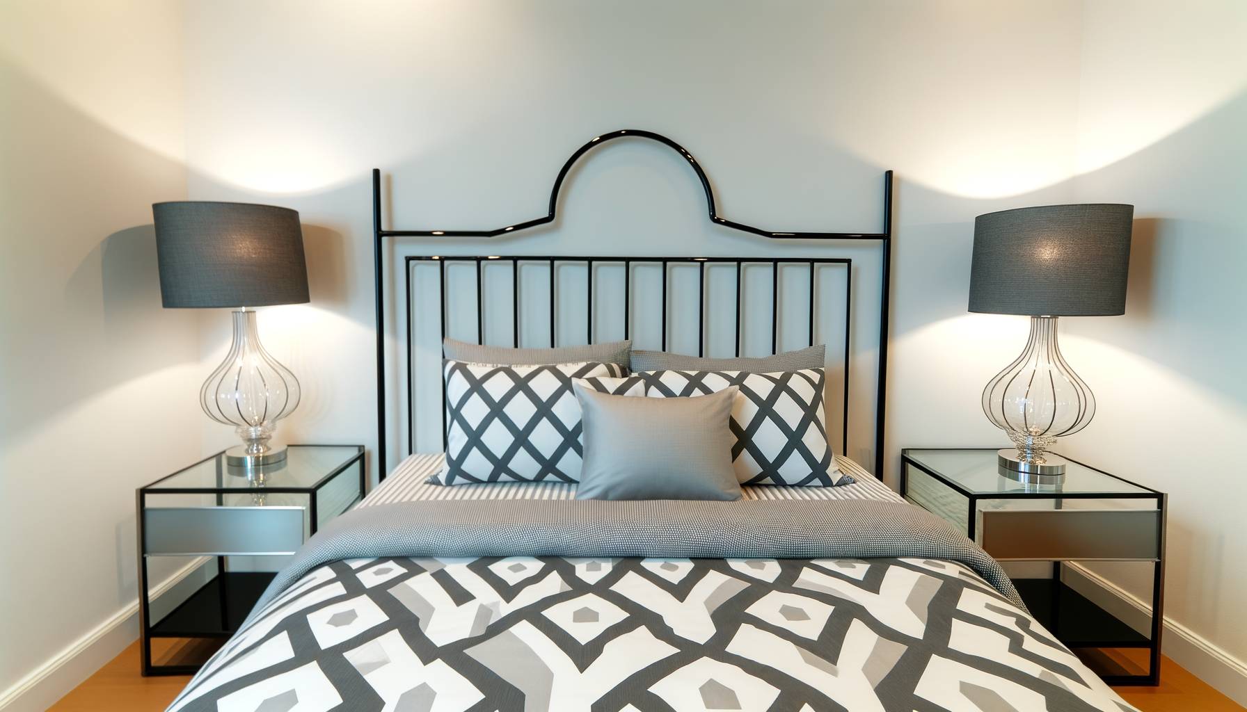 Un dormitorio con un cabecero de forja minimalista en negro, combinado con muebles contemporáneos d...