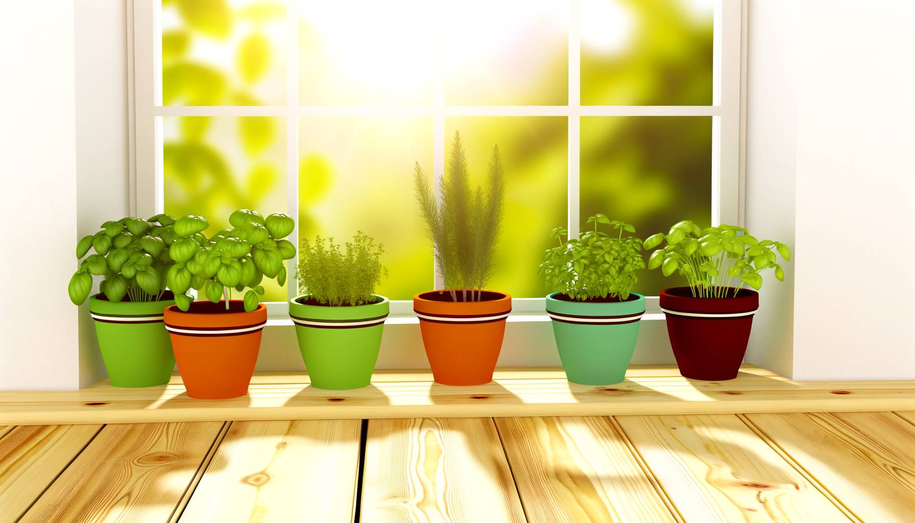 Una imagen de un jardín de hierbas en interiores junto a una ventana soleada. Las macetas de colore...