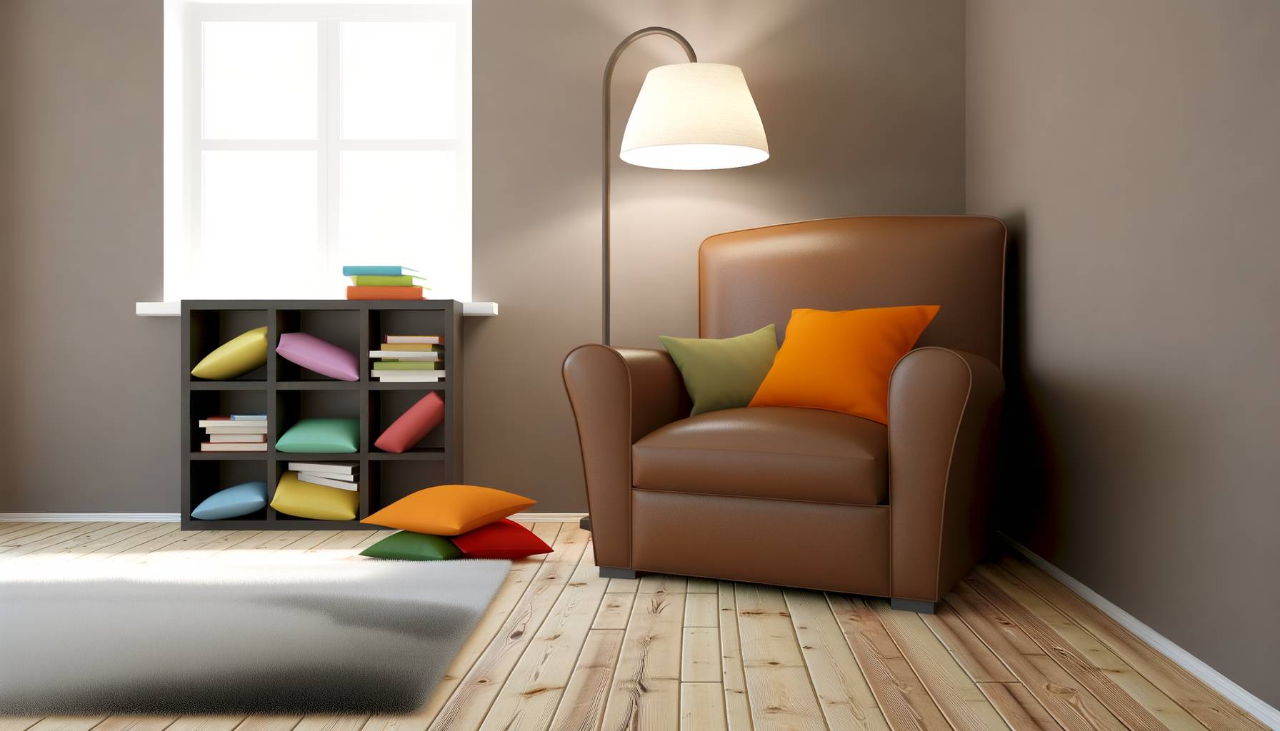 Un rincón de lectura acogedor con un sillón amplio y acolchado en tonos tierra, rodeado de cojines...