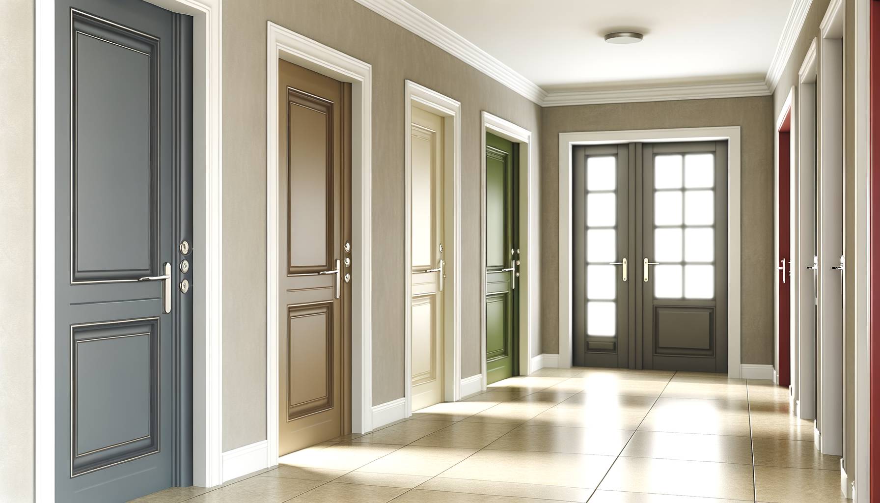 Un elegante pasillo de una casa moderna con diferentes puertas en varios colores, desde tonos neutro...