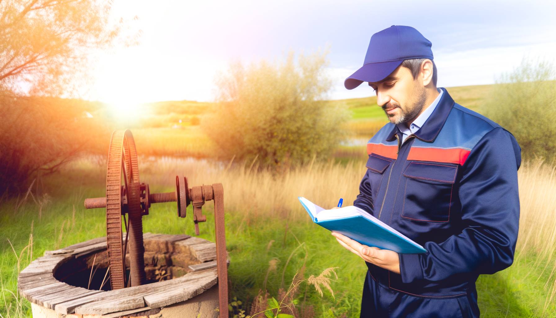 Una escena de un ingeniero en hidrogeología examinando un pozo antiguo en un entorno rural, con equ...