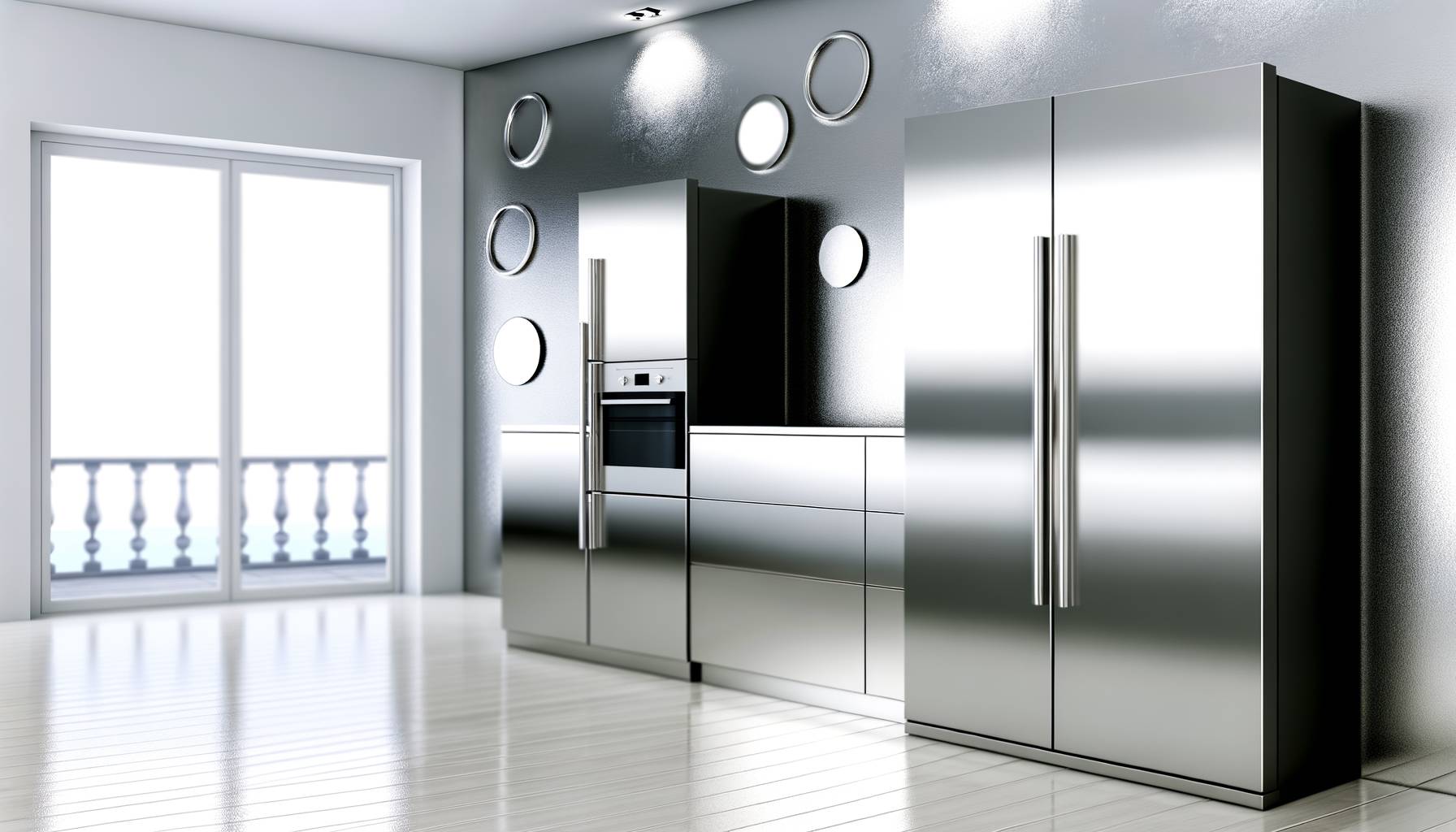 Una cocina moderna con electrodomésticos de acero inoxidable brillantes, mostrando una superficie i...