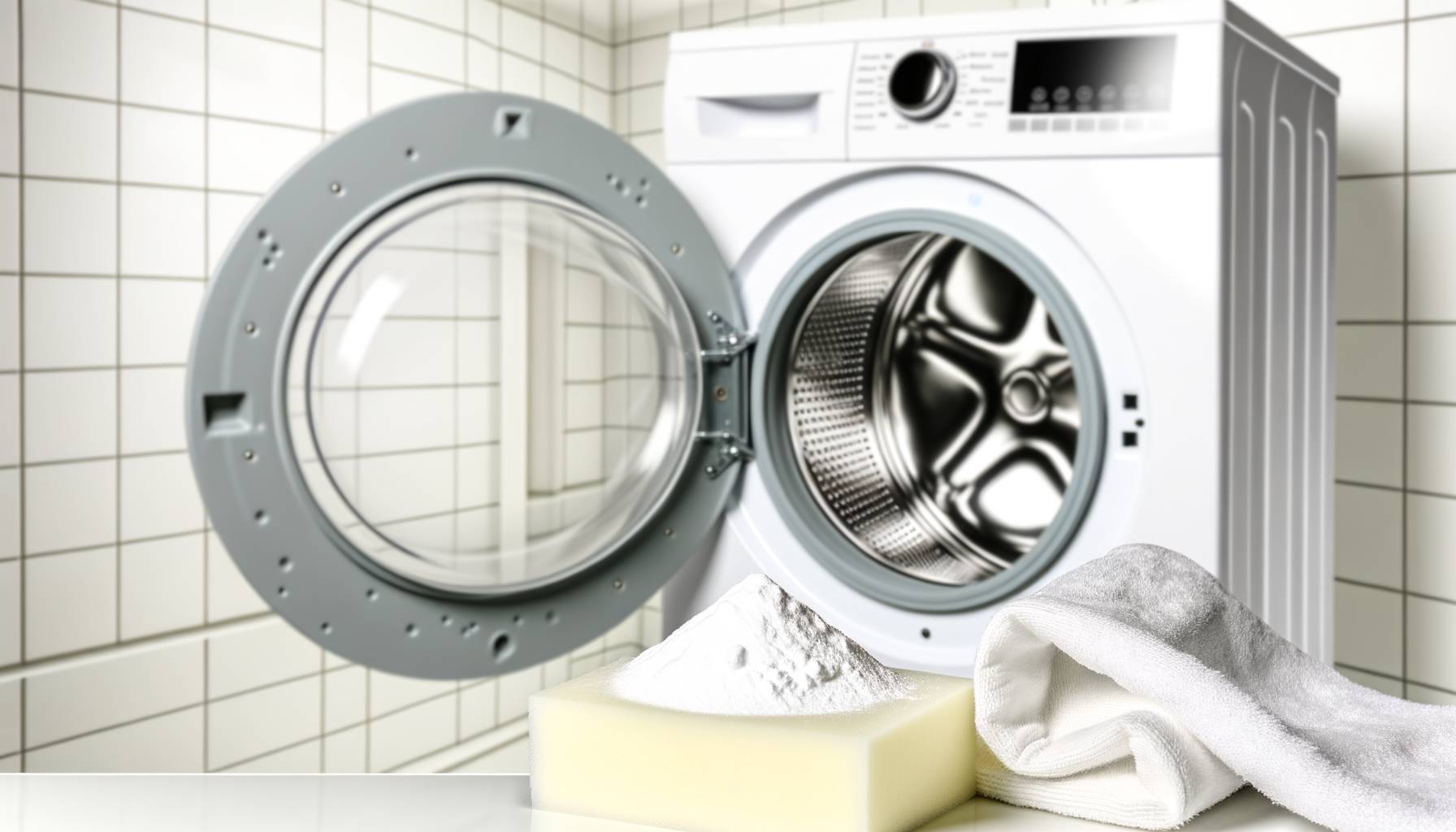 Una lavadora abierta mostrando un tambor limpio y brillante, con un paño y una esponja empapados en...