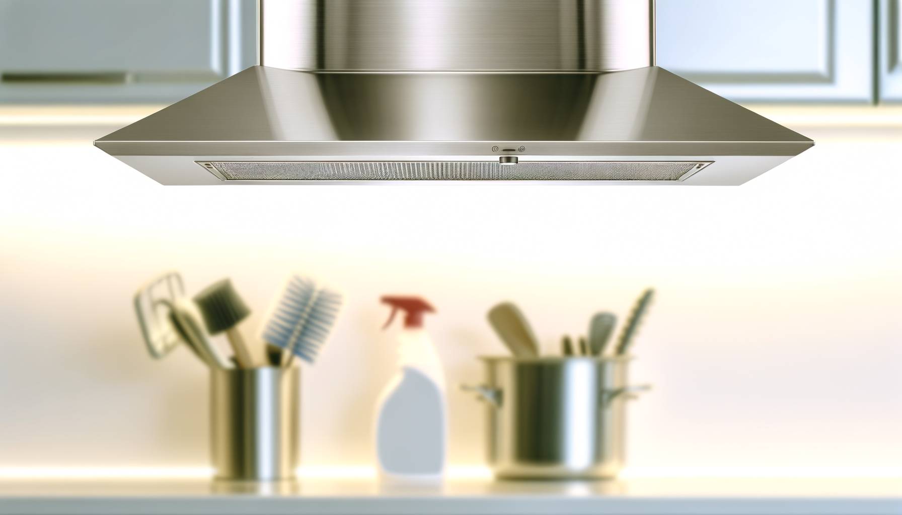 Cocina moderna con una campana extractora de acero inoxidable brillante en primer plano. La luz natu...