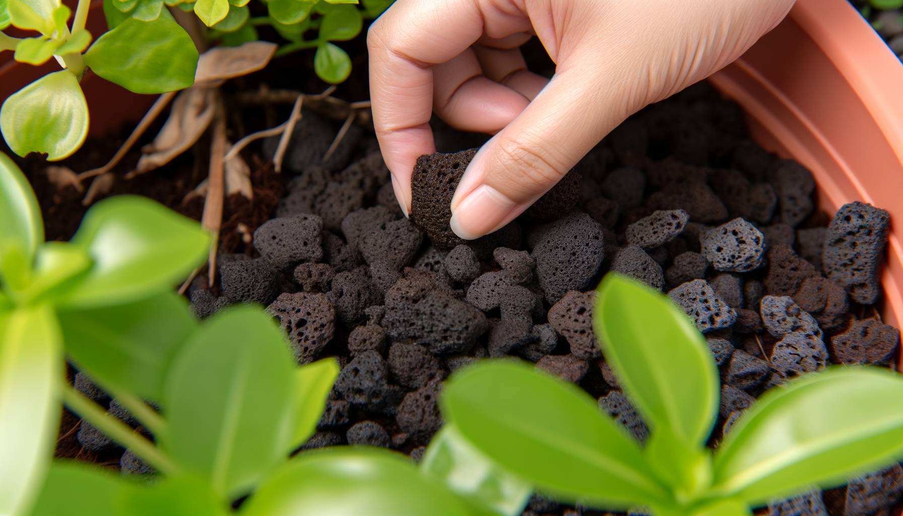 Primer plano de una mano colocando piedras volcánicas oscuras en un lecho de jardín, rodeada de pl...