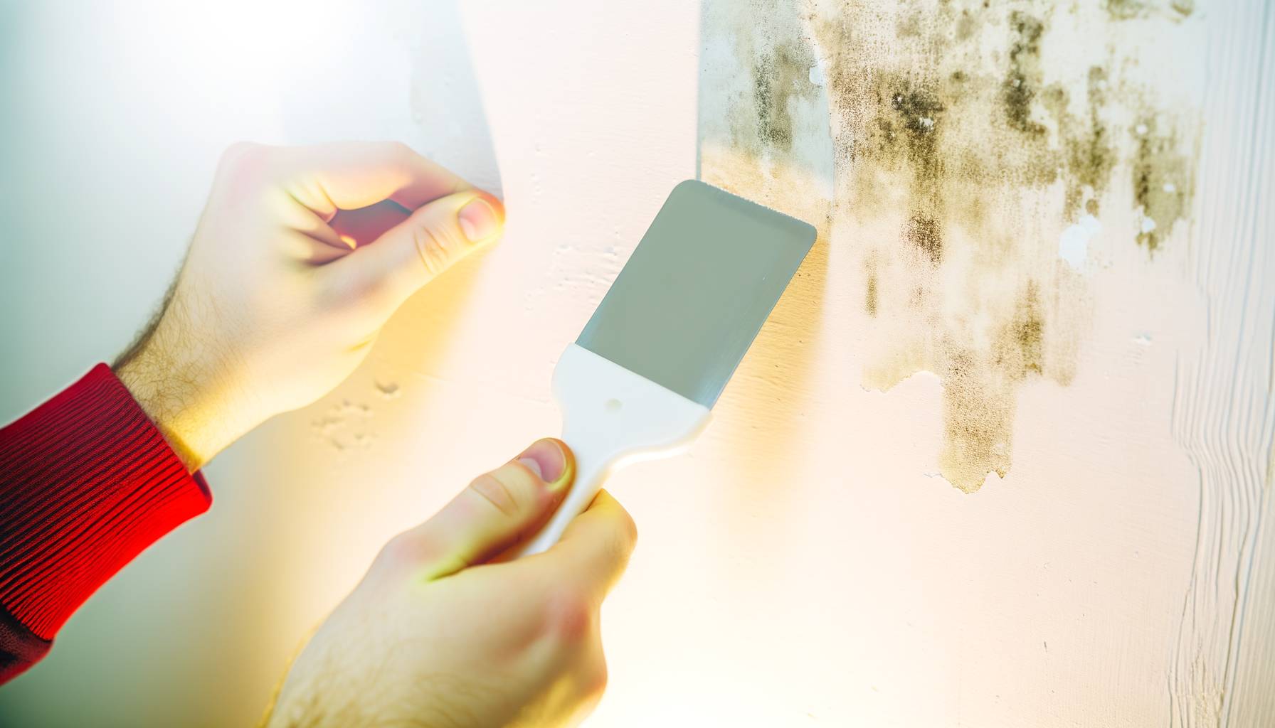 Un primer plano de una pared con manchas de humedad y moho, iluminada por una luz suave que resalta ...