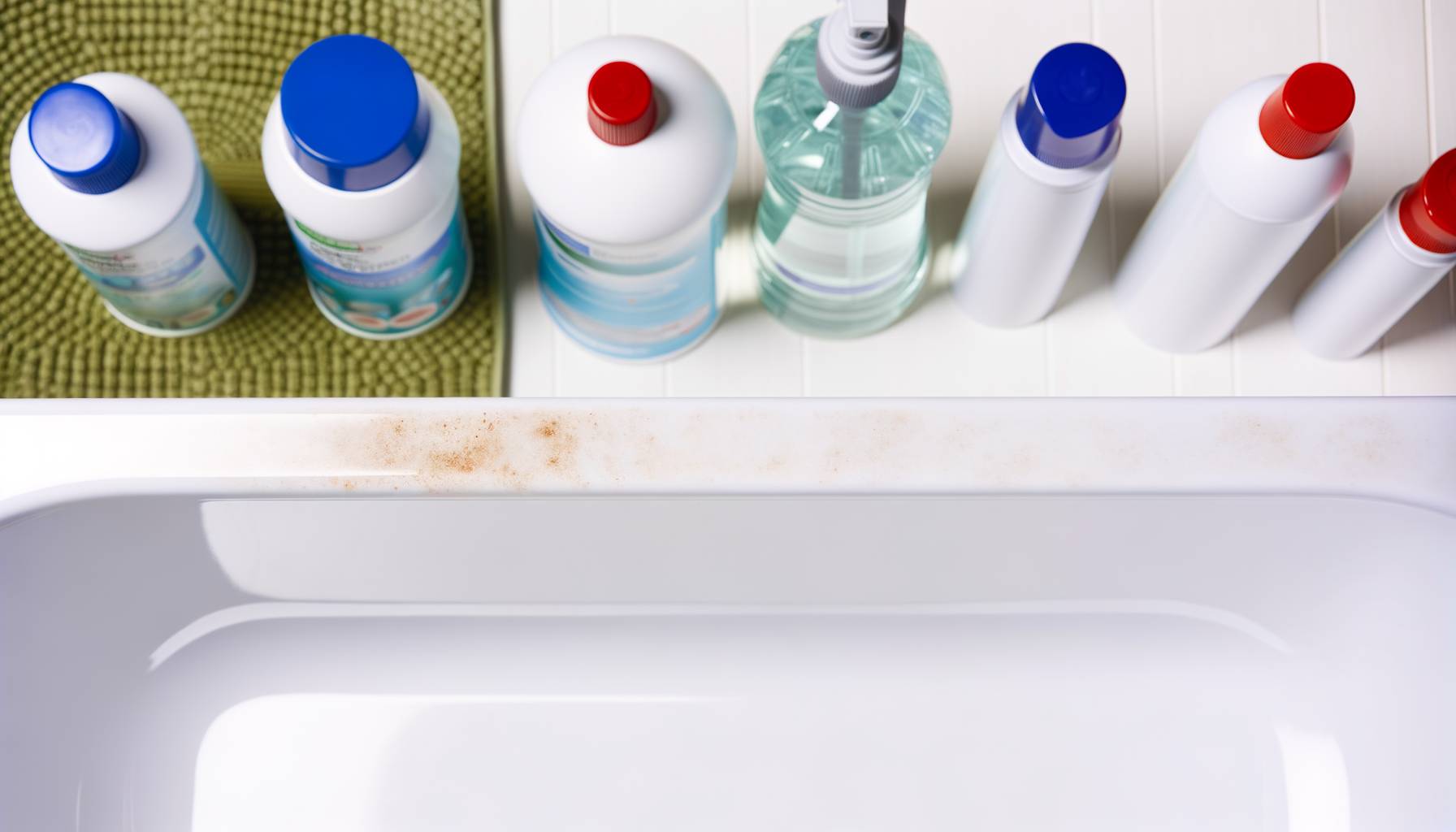 Un primer plano de una bañera con manchas de óxido visibles en el borde. Se observan productos com...