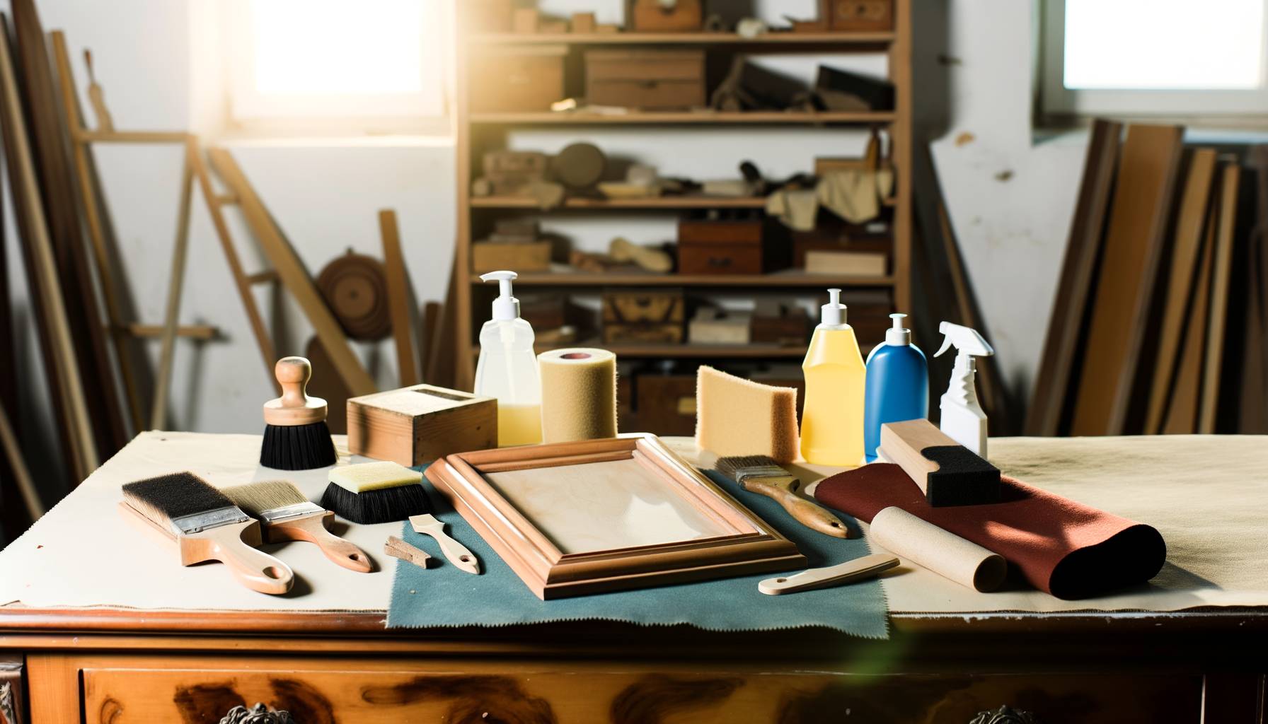 Un taller bien organizado con herramientas de restauración de muebles como lijas, cepillos, paños ...