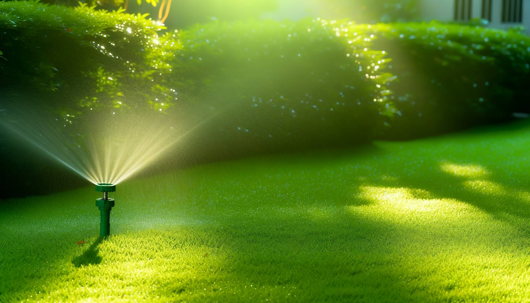Un jardín verde y bien cuidado al amanecer, con la luz suave del sol iluminando las hojas. El césp...