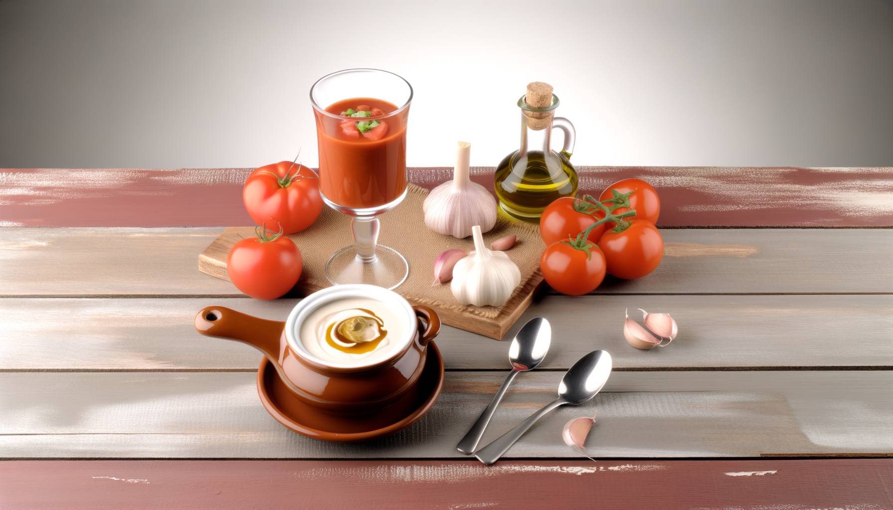 Imagen de una mesa rústica con dos platos, uno de gazpacho en un vaso alto, de color rojo intenso, ...