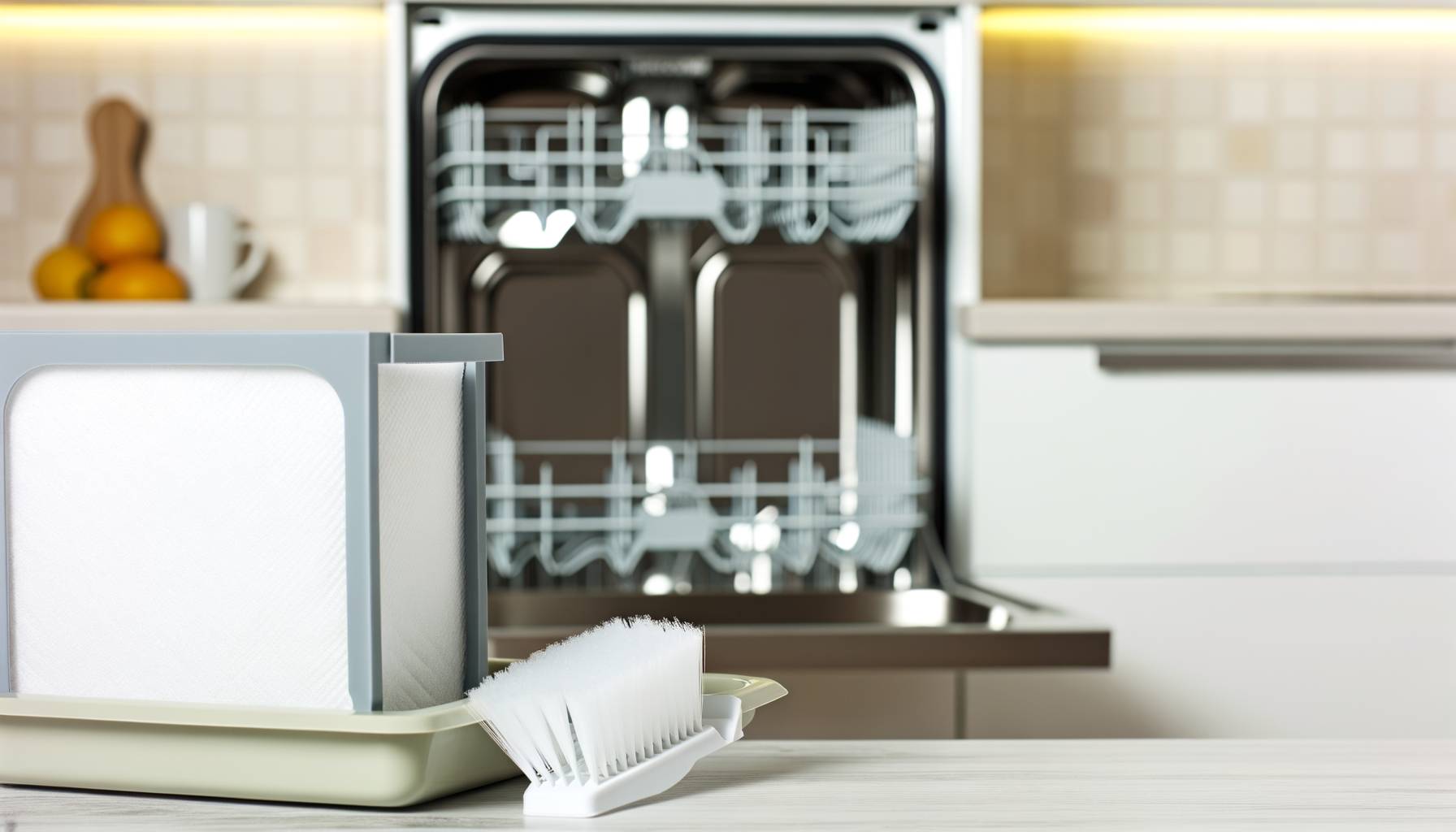 Imagen de un lavavajillas moderno en una cocina limpia y luminosa. En primer plano, un filtro de lav...