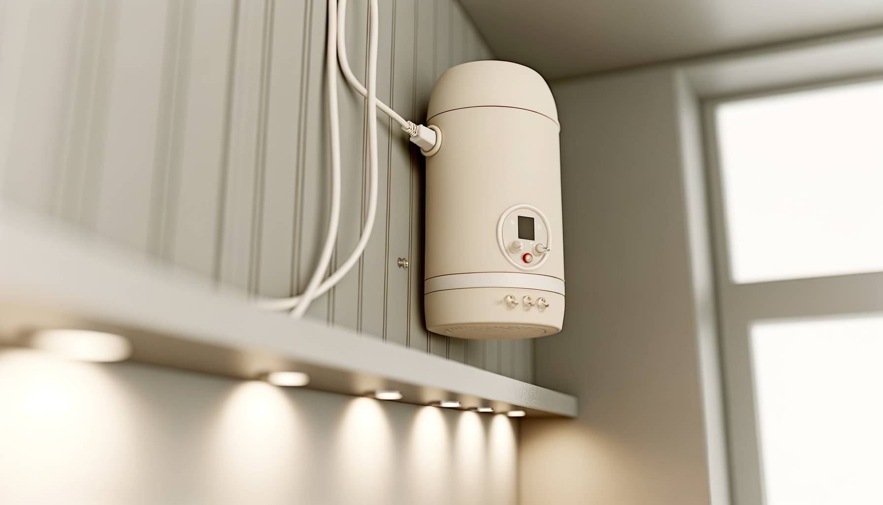 Un termo eléctrico moderno instalado en un cuarto de servicio, con cables visibles desenchufados. L...