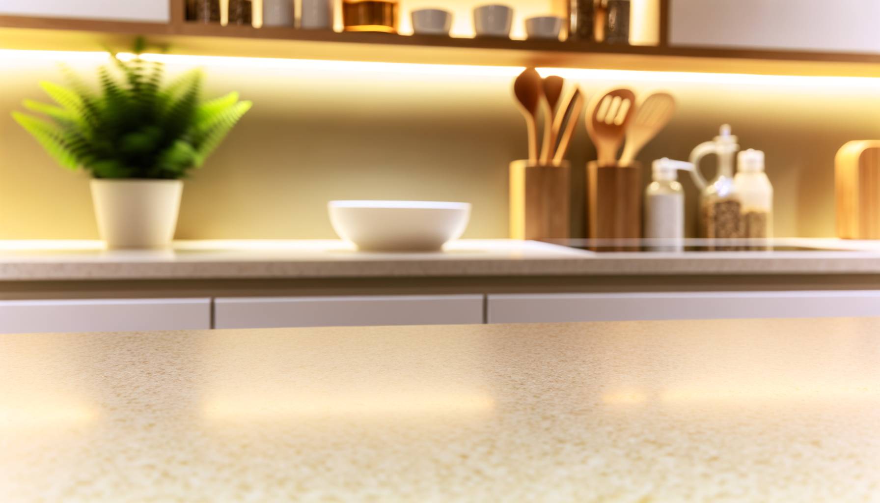 Encimera de Silestone en una cocina moderna, con una superficie limpia y brillante. En el fondo, hay...