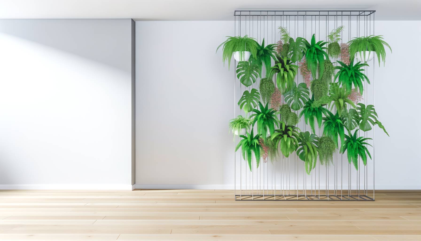 Un jardín vertical interior en un moderno salón urbano, con paredes blancas y suelos de madera cla...