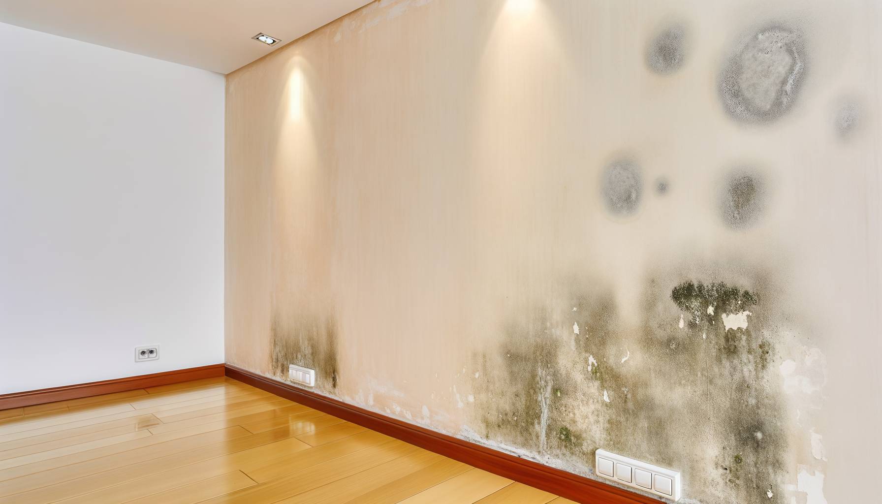 Una imagen profesional de una pared interior con manchas de moho y pintura descascarada, iluminada n...