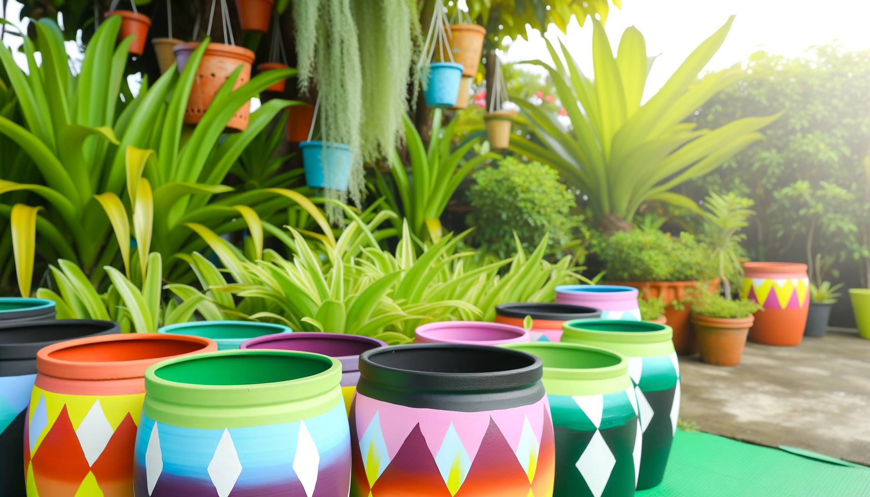 Imagen de un jardín vibrante con varias macetas pintadas con diseños geométricos y ombré, rodead...