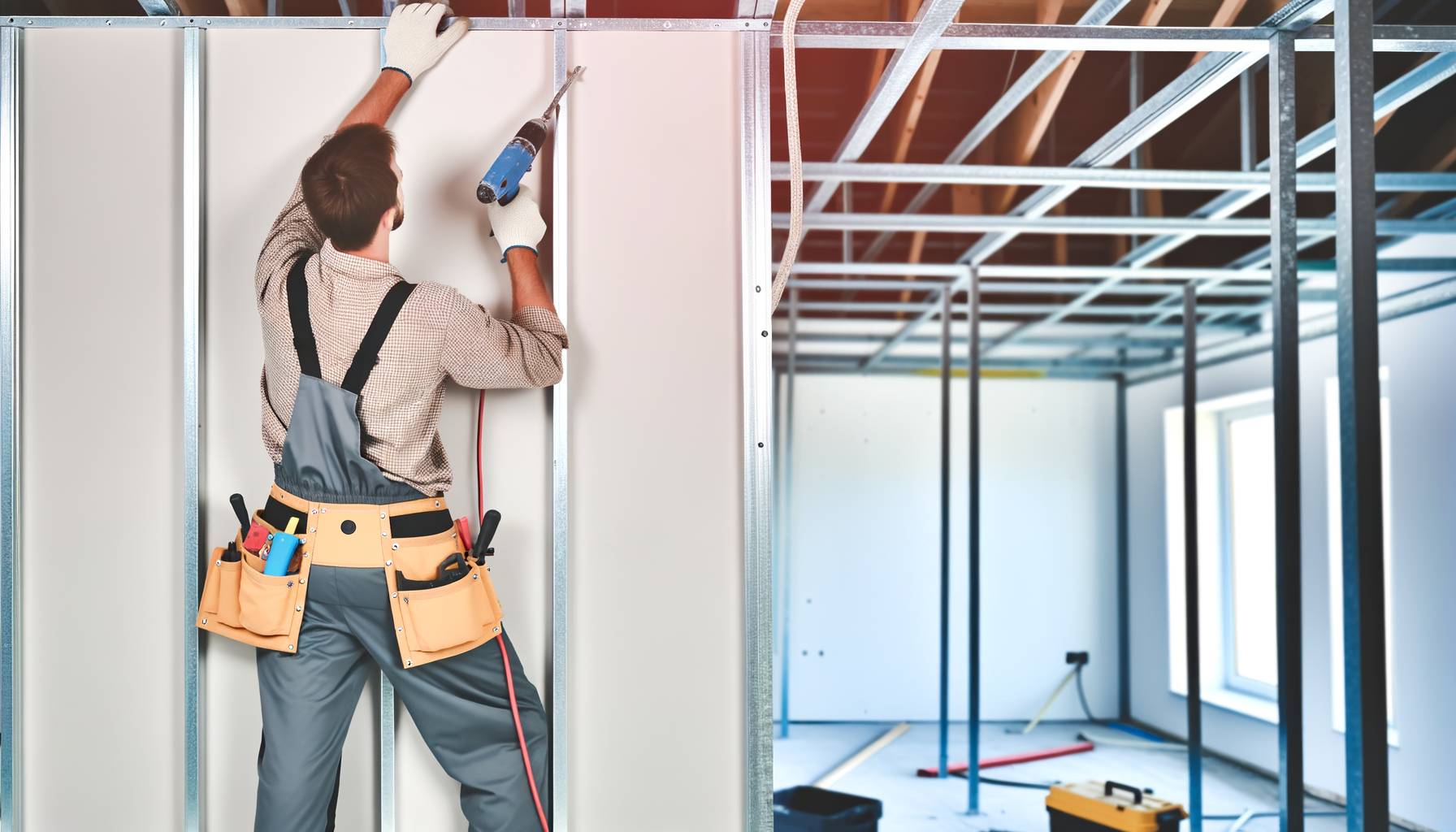 Una imagen de un trabajador instalando paneles de pladur sobre una estructura de perfiles metálicos...