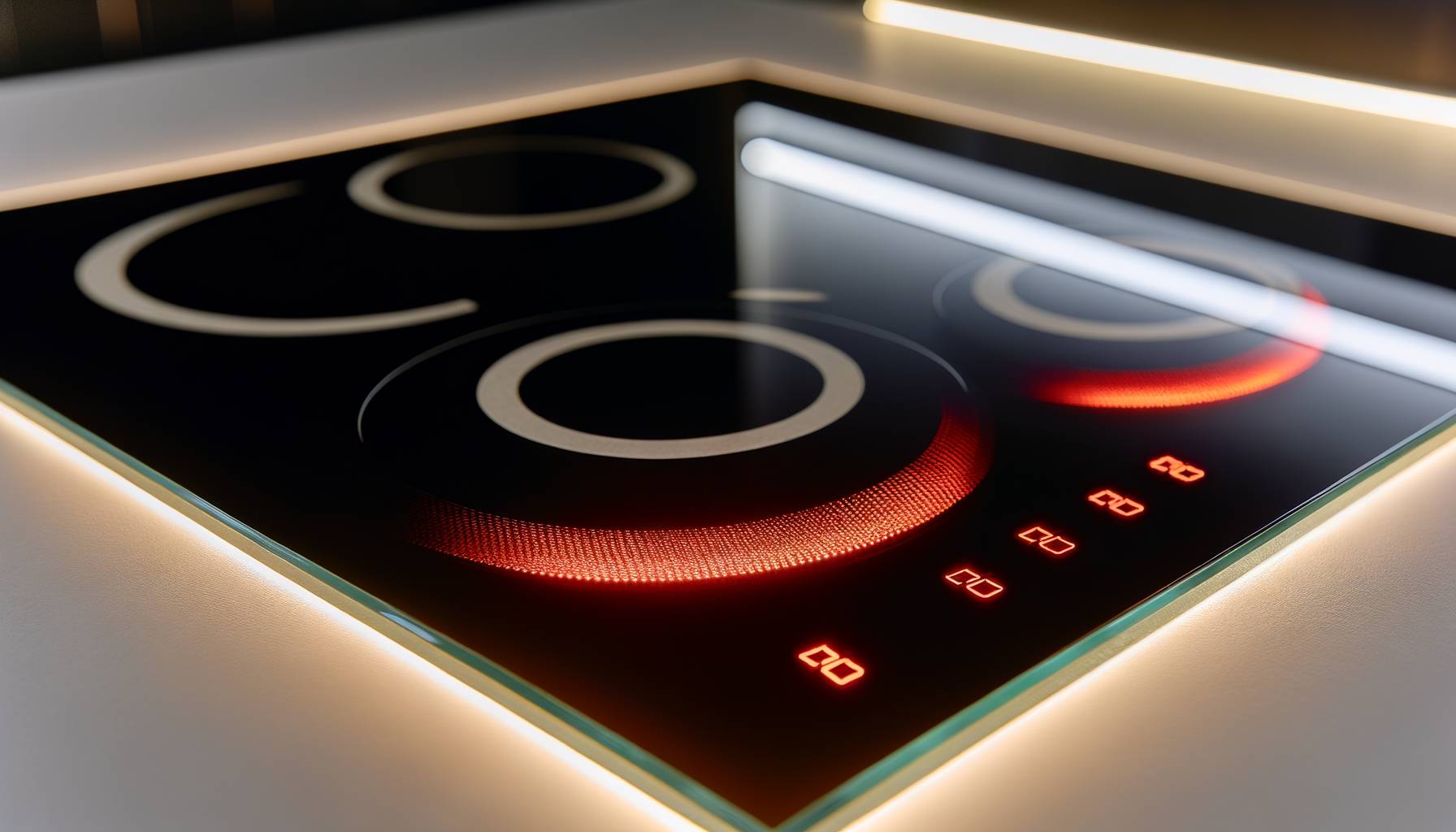 Un primer plano de una vitrocerámica moderna encendida, mostrando las resistencias eléctricas bril...