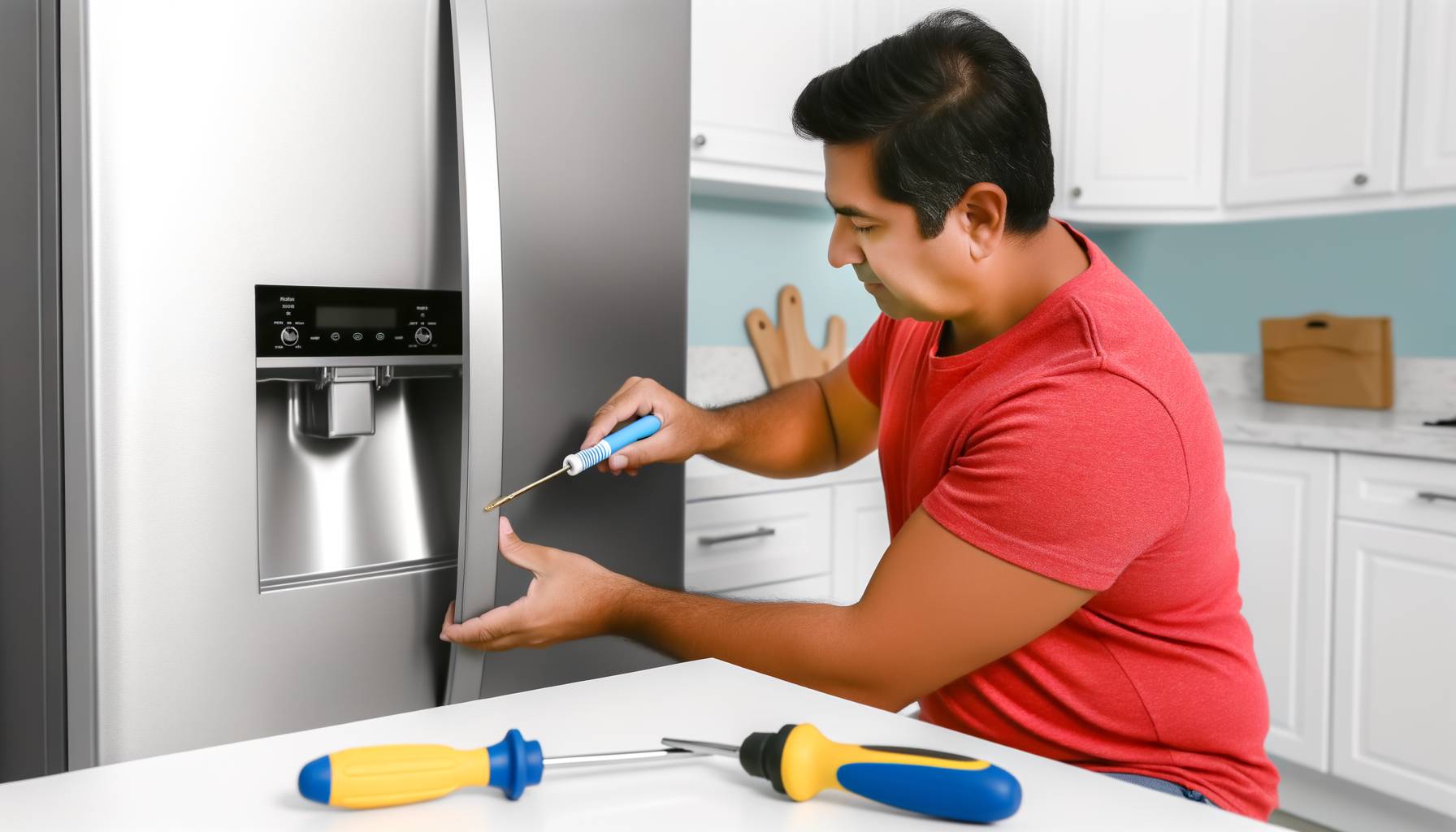 Imagen de un técnico revisando el termostato de una nevera no frost, en un ambiente de cocina moder...