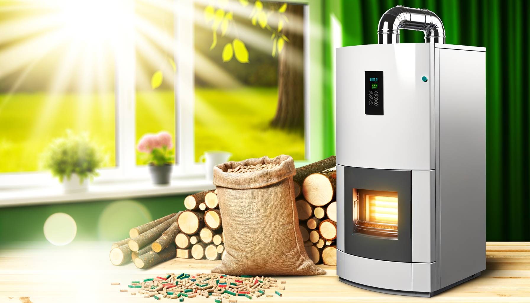 Ilustración de una caldera de biomasa moderna en funcionamiento, con un ambiente cálido y acogedor...