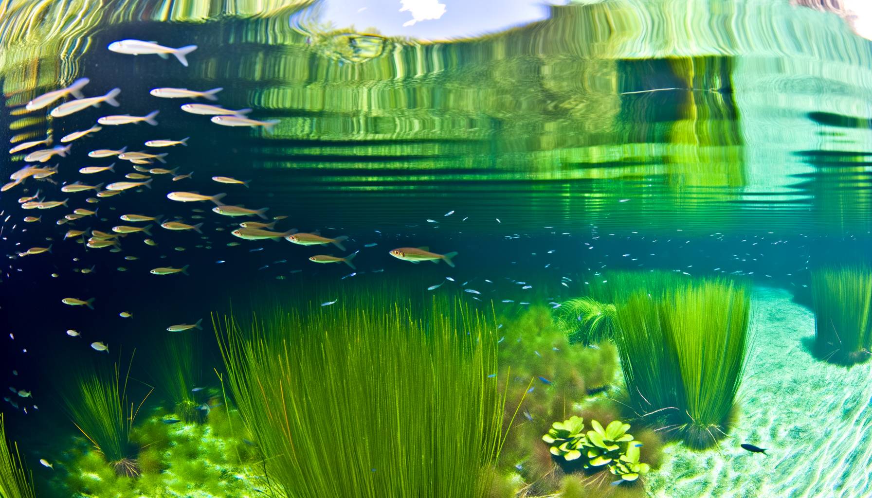 Una vista panorámica de un estanque natural con diversas plantas oxigenadoras como elodea y vallisn...